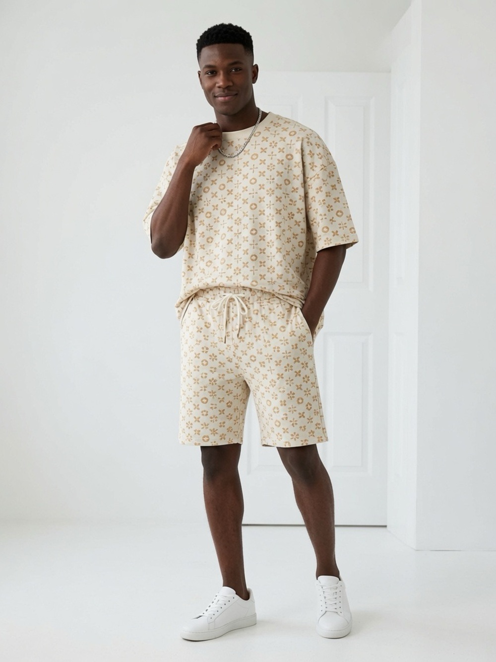 Men's Cream Patterned Short Set with Drawstring Waist